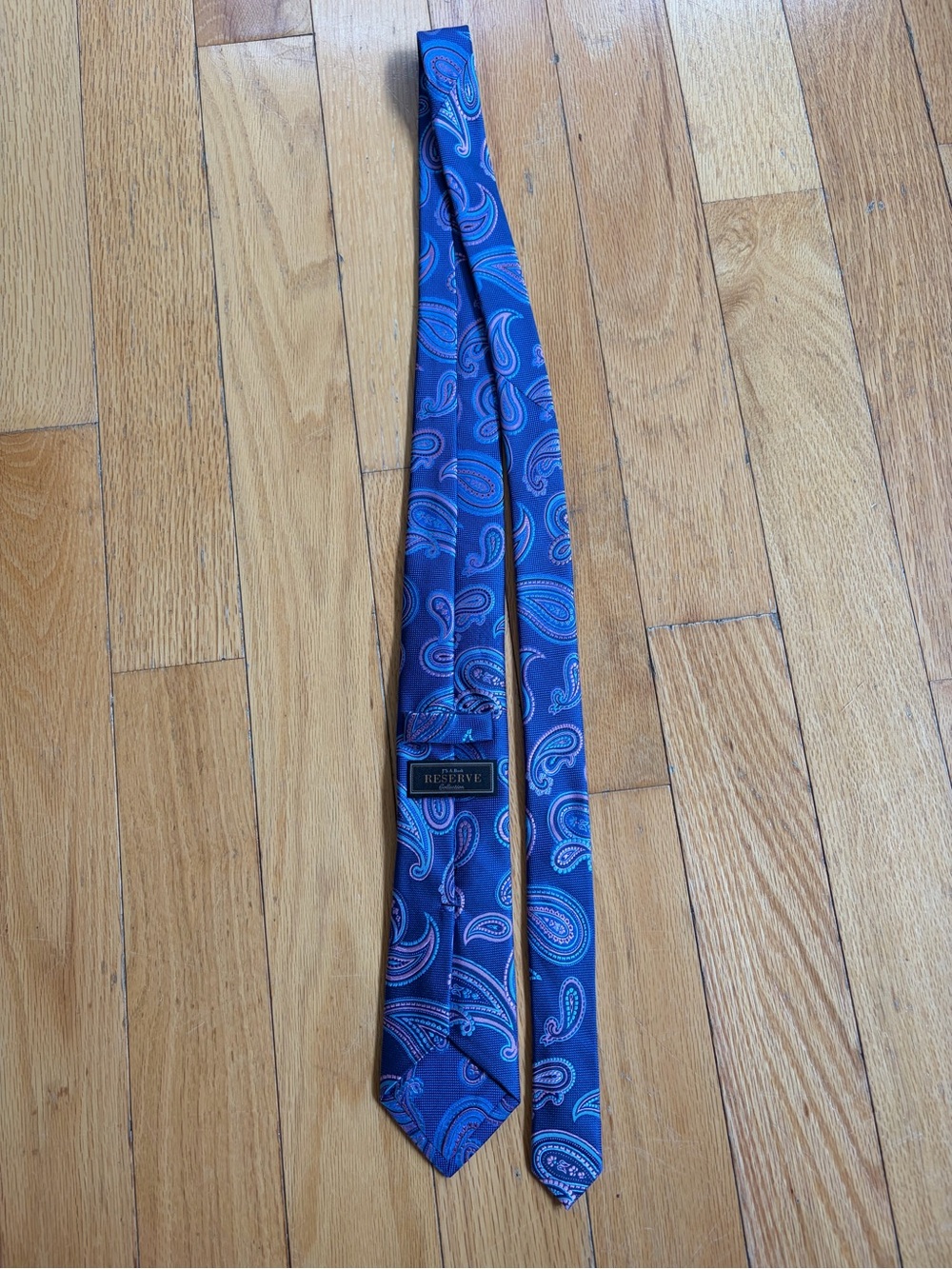 Jos. A. Bank Reserve Mens Navy Paisley Silk Tie with Pink and Teal Accents - Picture 3 of 3